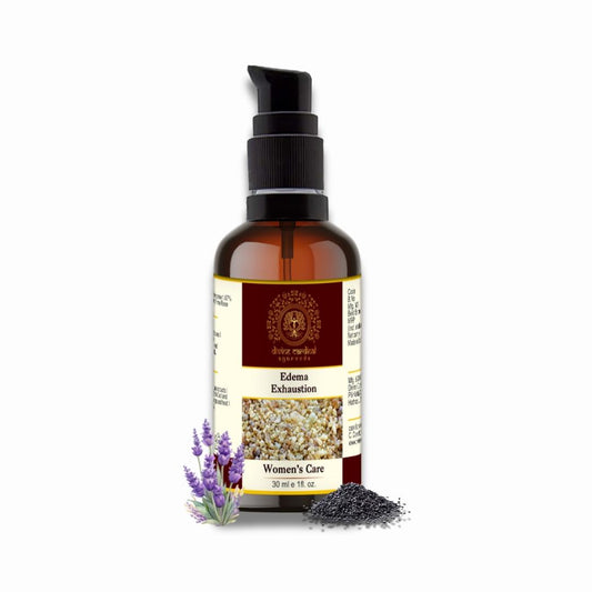 A bottle of Edema Exhaustion Easing Massage Oil with a label featuring an image of lavender and text indicating the product is for women's care.
