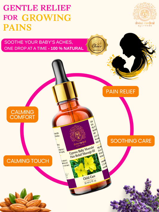 Natural baby pain relief oil with cypress, lavender, and rosemary for colic and gas relief