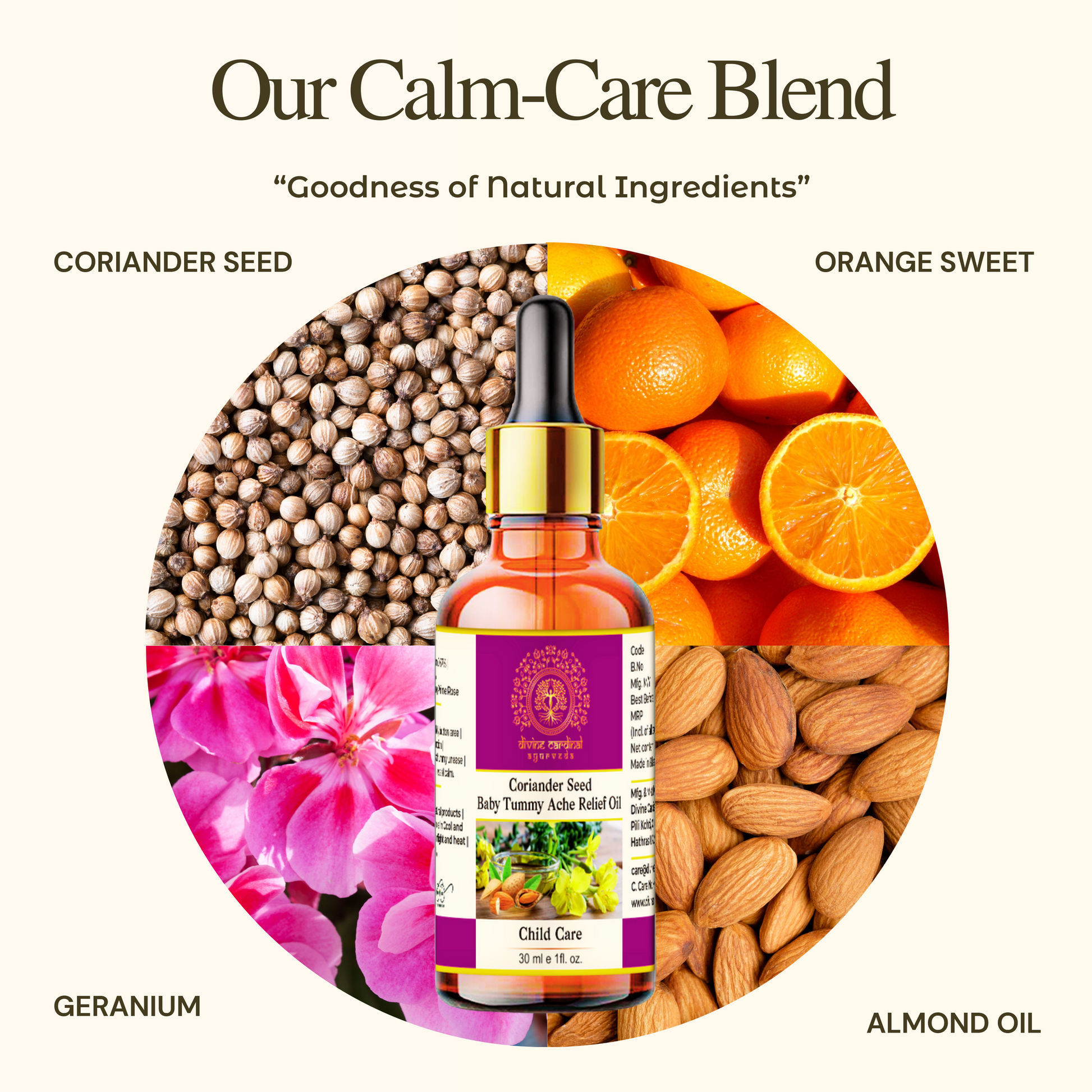 'Our Calm-Care Blend' with natural ingredients like coriander seed, oranges, almonds, and geranium.