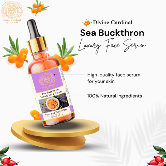Sea Buckthorn Luxury Face Serum bottle with branding and product details on a white background